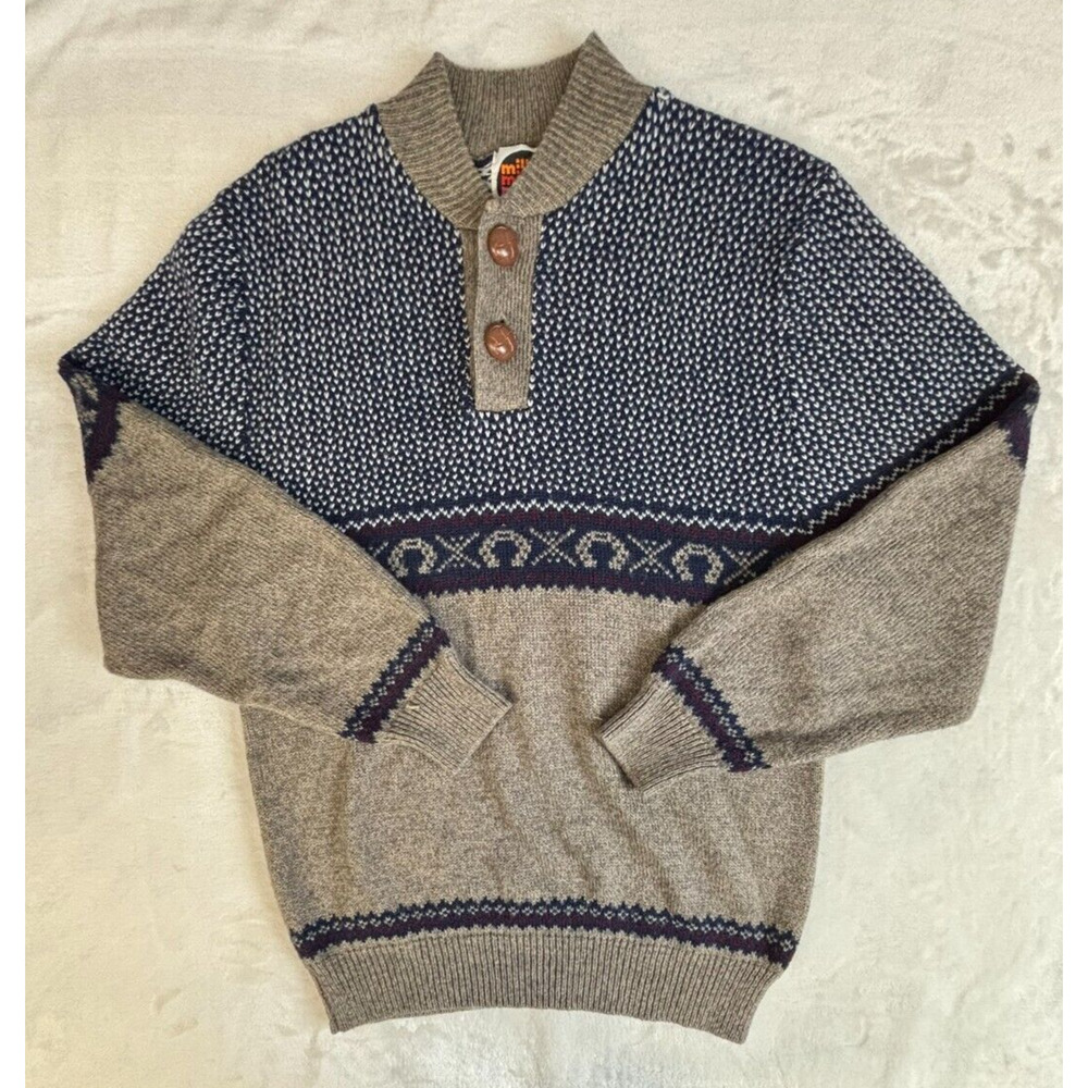 Miller Outerwear Vintage Horseshoe Western Sweater Pullover Button Blue Gray